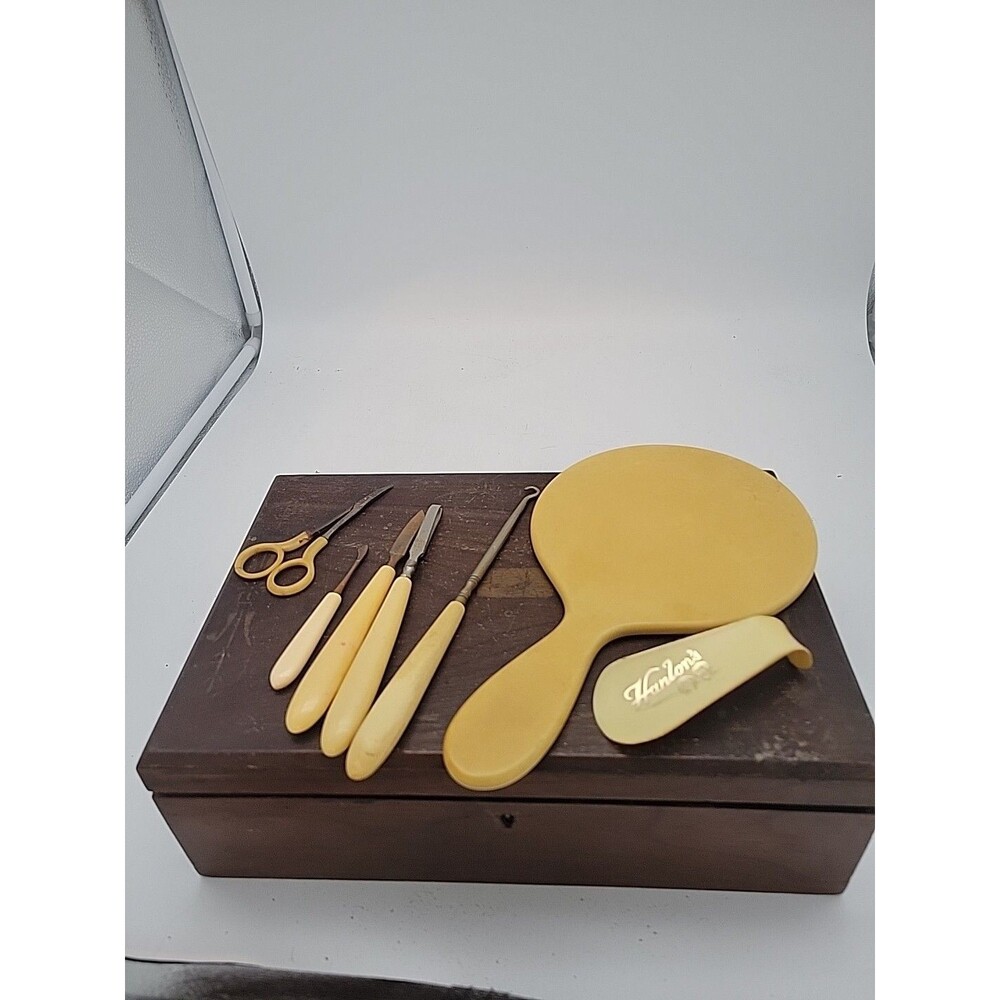 Vintage Hanlon Ivory Tan Celluloid?  Vanity Set- 1920's? 7 Pieces Mirror Button